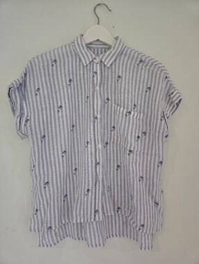 Rails Blue and White Striped Button-Up Shirt with Embroidered Birds